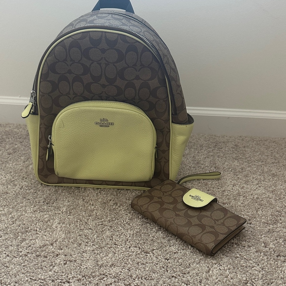 Coach Signature Brown and Yellow Backpack with Wallet